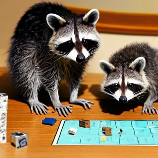 Image similar to a detailed photo of two raccoons playing monopoly