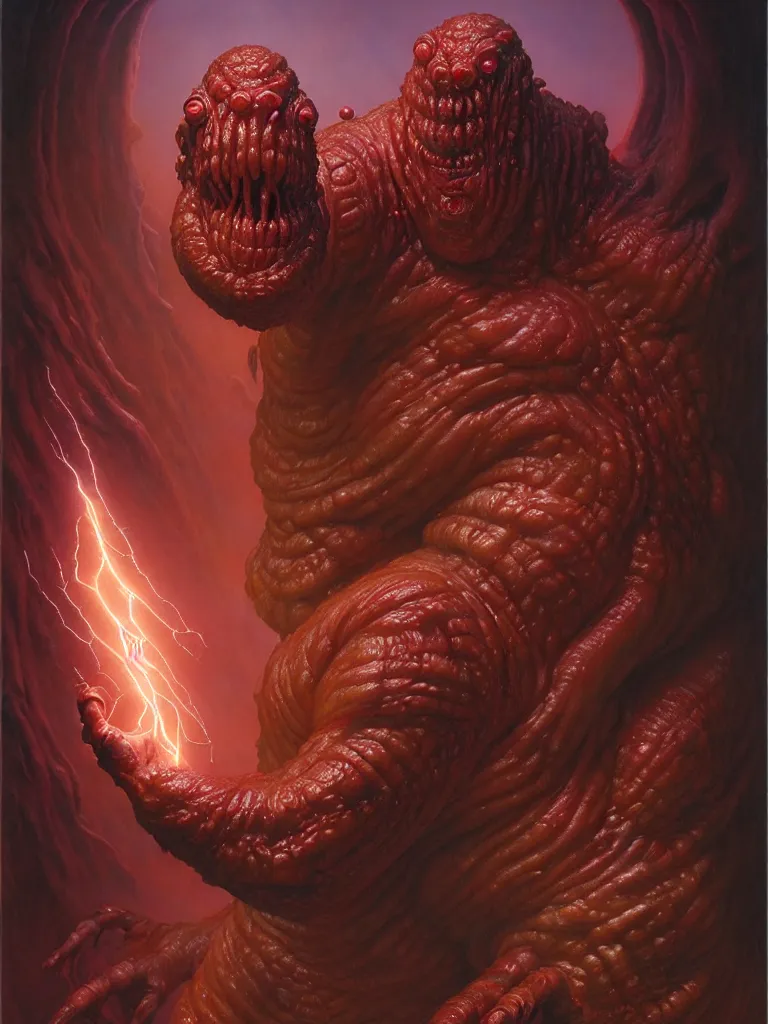 Image similar to hyperrealistic rendering, fat smooth cronenberg flesh monster epic demon overlord by donato giancola and greg rutkowski and wayne barlow and zdzisław beksinski, eyeballs, lightning, magic runes, product photography, action figure, sofubi, studio lighting, colored gels, colored background