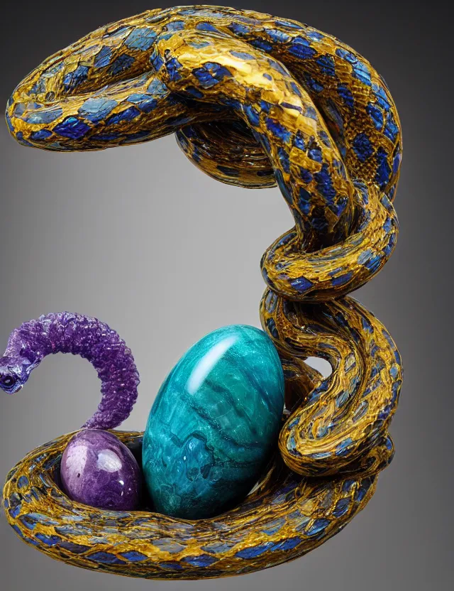 Image similar to a photo of a sculpture of a snake made from blue and emerald and amethyst crystal geode formations encircling a marble egg on a base of obsidian made with liquid gold tendrils flowing by ellen jewett by stanisław szukalski, octane render, recursive, tendrils, elestial crystals, geode, refracted light