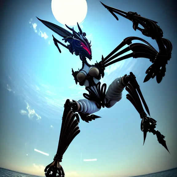 Prompt: looking up at a highly detailed 300 foot tall giant elegant exquisite beautiful stunning valkyr female warframe, as an anthropomorphic robot dragon, posing elegantly over your tiny form, detailed legs looming over you, camera on the ground, at the beach on a sunset, sleek streamlined design, streamlined matte black armor, sharp detailed claws, detailed sharp robot dragon feet, worms eye view, giantess shot, upward shot, ground view shot, leg shot, front shot, epic cinematic shot, high quality warframe fanart, captura, realistic, professional digital art, high end digital art, furry art, giantess art, anthro art, DeviantArt, artstation, Furaffinity, 8k HD render, epic lighting