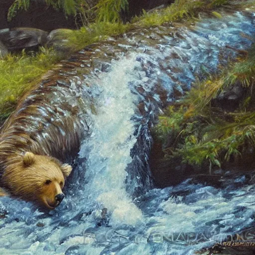 Image similar to oil painting, bear stretching out its arm to catch a salmon alongside a river in Alaska, high detail