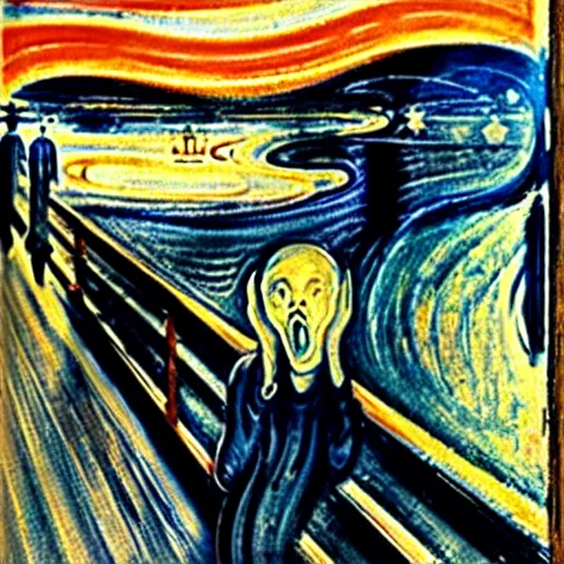 Prompt: the scream by edvard munch, japanese landscape in background, digital painting, high resolution