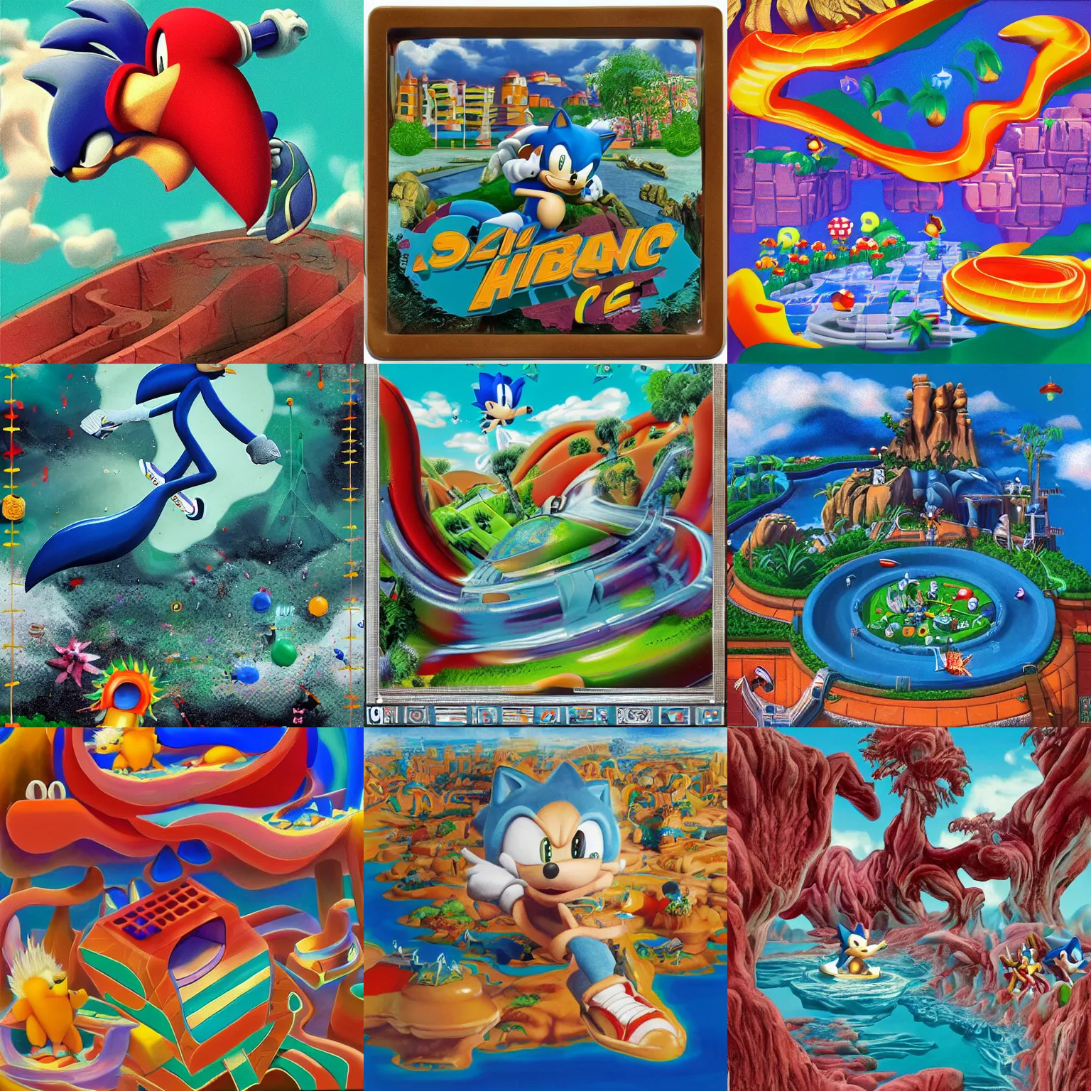 Prompt: dreaming of sonic hedgehog portrait deconstructivist claymation sega matte painting landscape of a surreal sharp, jazz cup detailed professional soft pastels high quality airbrush art album cover liquid dissolving airbrush art lsd sonic the hedgehog swimming through cyberspace teal checkerboard background 1 9 9 0 s 1 9 9 2 sega genesis rareware video game album cover