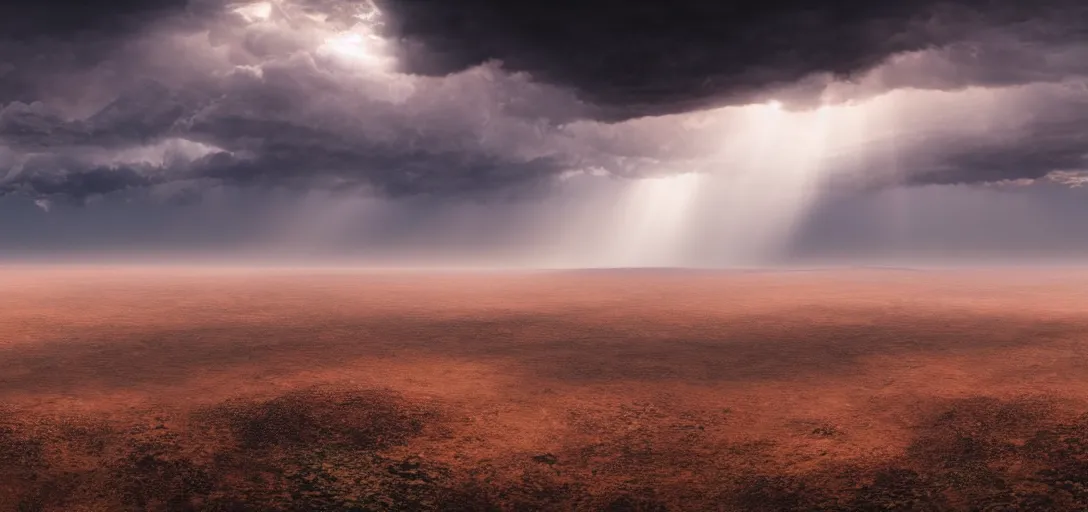 Image similar to a beautiful picture of a dark turbulent cloud looming on the horizon in a desert with god rays breaking through the cloud, intricate detail, impending doom, sunset, serene, haze, volumetric lighting, volumetric clouds, 8 k, hyperrealistic, digital art trending on artstation