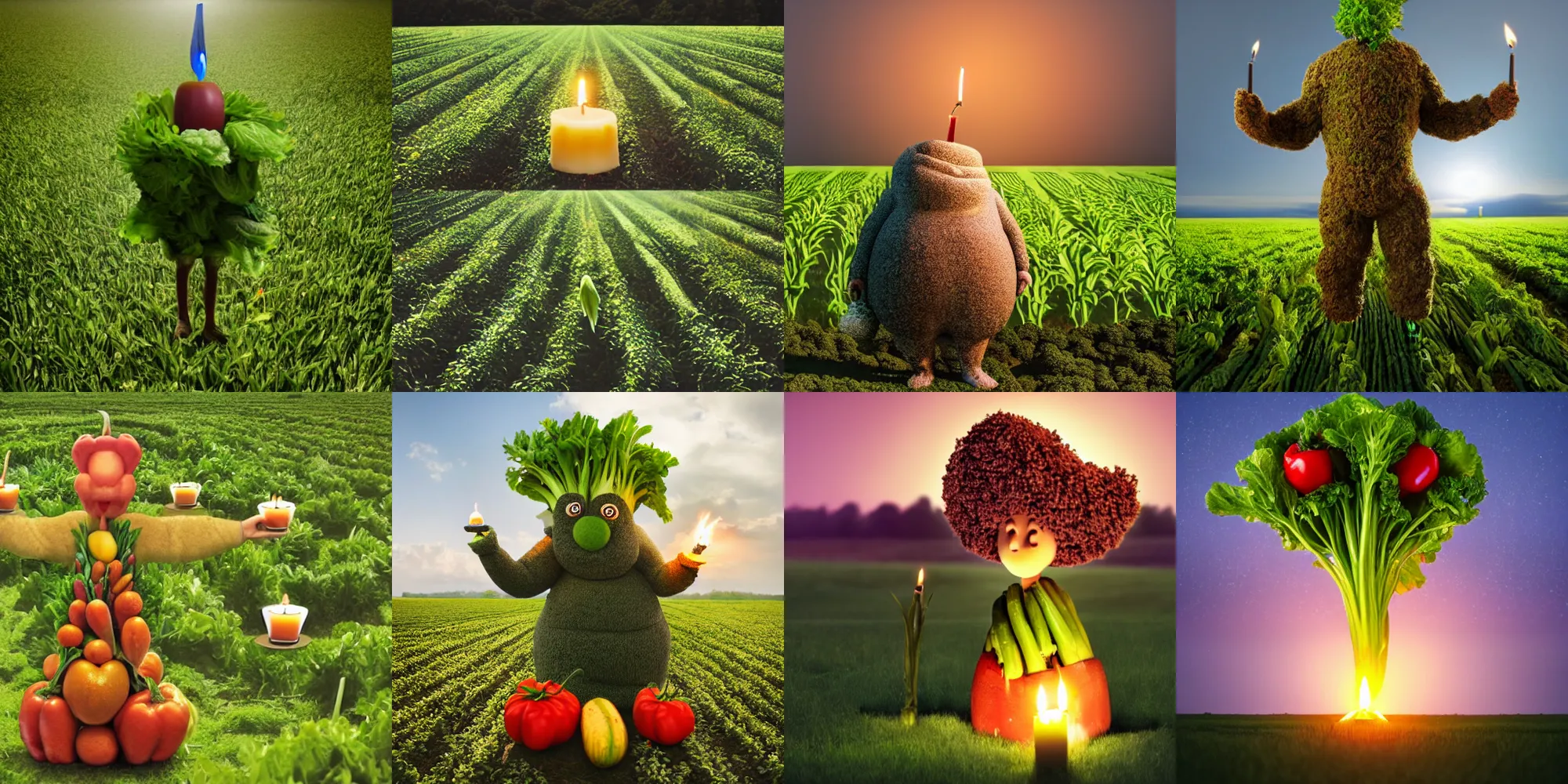 Prompt: a big giant made of vegetables standing in a field holding a candle above head, photo realistic, realistic lighting