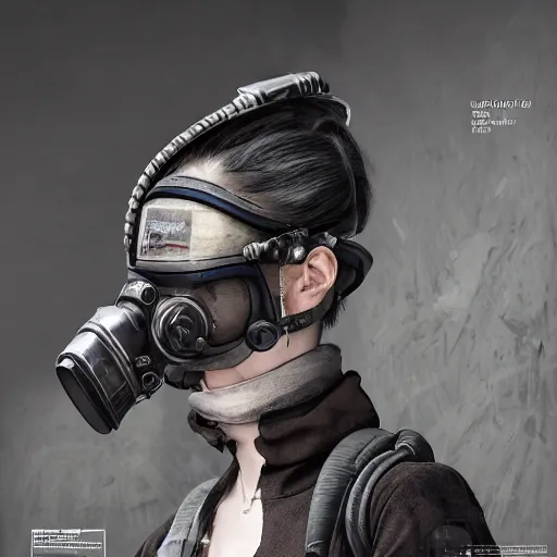 Image similar to korean solarpunk curator in an art gallery with extremely detailed respirators and head gear, inspired by die antwoord beautiful, hand painted textures, cloth physics, deviantart, karol bak, masamune shirow, black and white, photorealistic, concept art, perfect render, 3 d render, pixar, 8 k