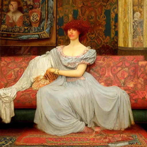 Prompt: a renaissance oil painting of a beautiful woman inside an intricately decorated living room by Alma Tadema, pastel color scheme, digital painting