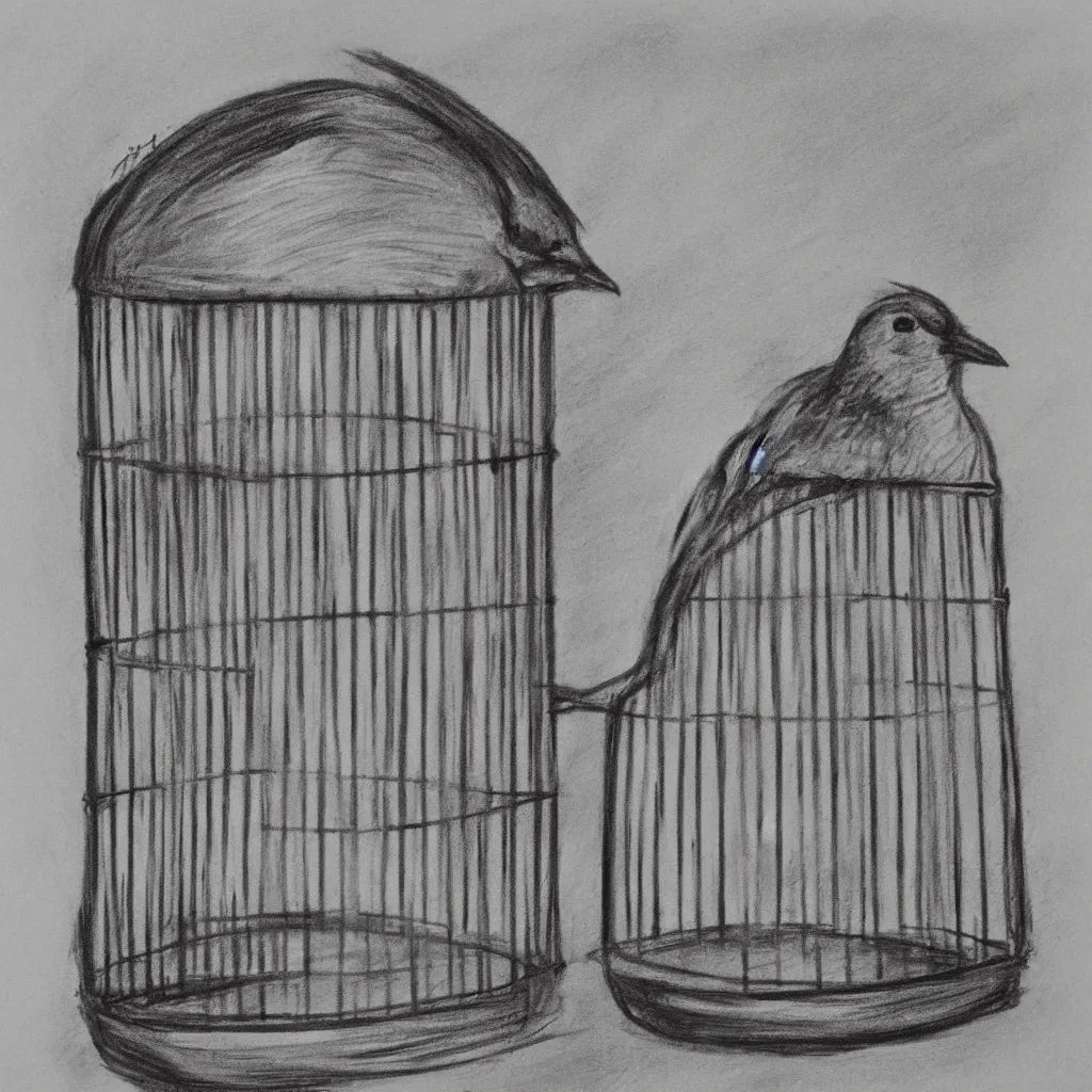 Image similar to a charcoal sketch of a bird in a cage, black and white