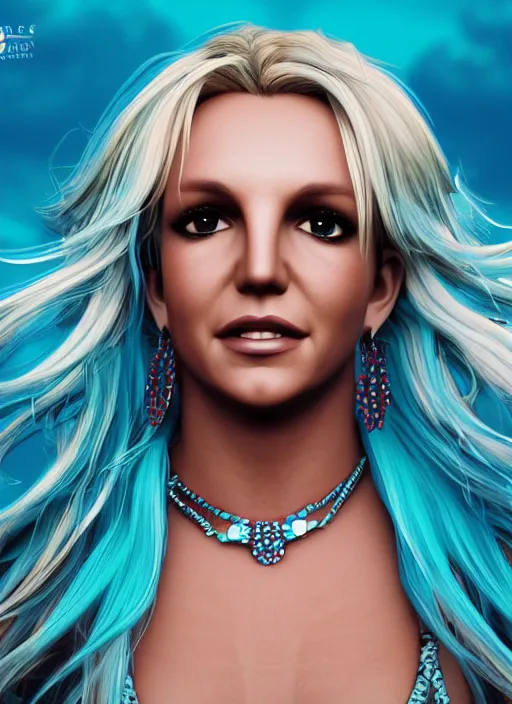 Prompt: portrait of britney spears with turquoise hair, big brown eyes, and a blue dress, intricate jewelry, genshin impact, realistic anime, sharp focus, octane render, trending on artstation, 8k