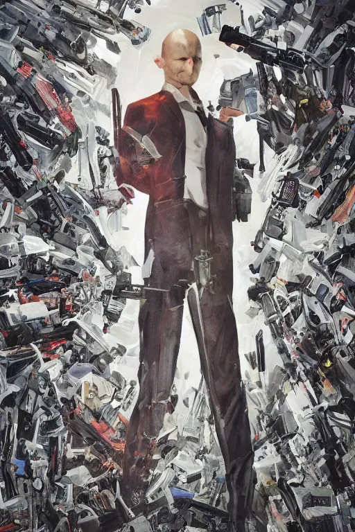 Image similar to an expressive full body portrait of agent 4 7 from hitman in a hallway full of guns, dark background, red rim light, digital art, artstation, concept art by giger stalenhag