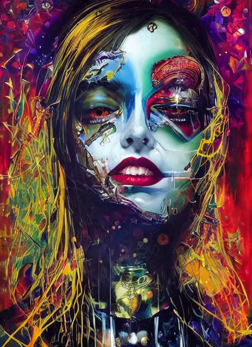 Image similar to gorgeous magic cult psychic woman smiling, third eye, energetic consciousness psychedelic, epic surrealism expressionism symbolism, story telling, iconic, dark robed, oil painting, symmetrical face, dark myth mythos, by Sandra Chevrier, Noriyoshi Ohrai masterpiece