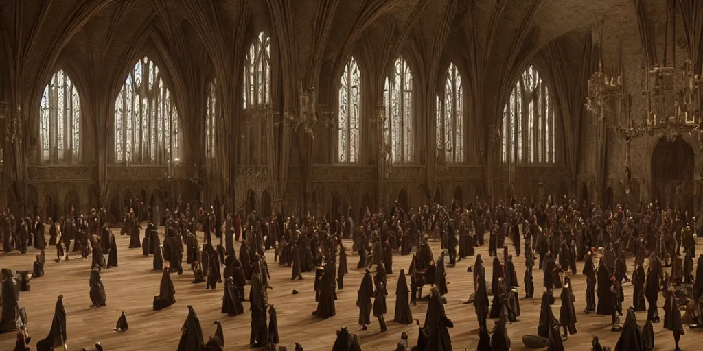 Image similar to film still. screenshot. hogwarts castle. the great hall. busy. early morning. directed by denis villeneuve. extremely detailed. 4 k.