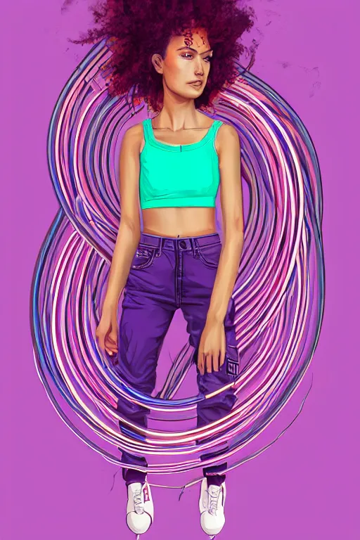 Image similar to a award winning half body portrait of a beautiful woman in a croptop and cargo pants with ombre purple pink teal hairstyle and hands in pockets by ari liloan, surrounded by whirling illuminated lines, outrun, vaporware, shaded flat illustration, digital art, trending on artstation, highly detailed, fine detail, intricate