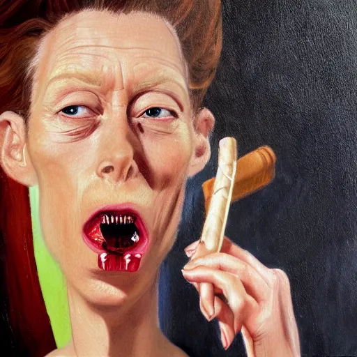 Image similar to caricature of tilda swinton smoking a cigar, realistic oil painting by sebastian krüger, expressive, colorful, plastic