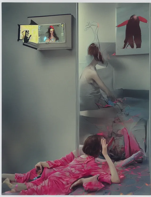 Prompt: woman in pajama playing computer games in dark room, redshift, wide shot, coloured polaroid photograph with flash, pastel, kodak film, hyper real, stunning moody cinematography, by maripol, fallen angels by wong kar - wai, style of suspiria and neon demon and bahnhof zoo, david hockney, detailed, oil on canvas