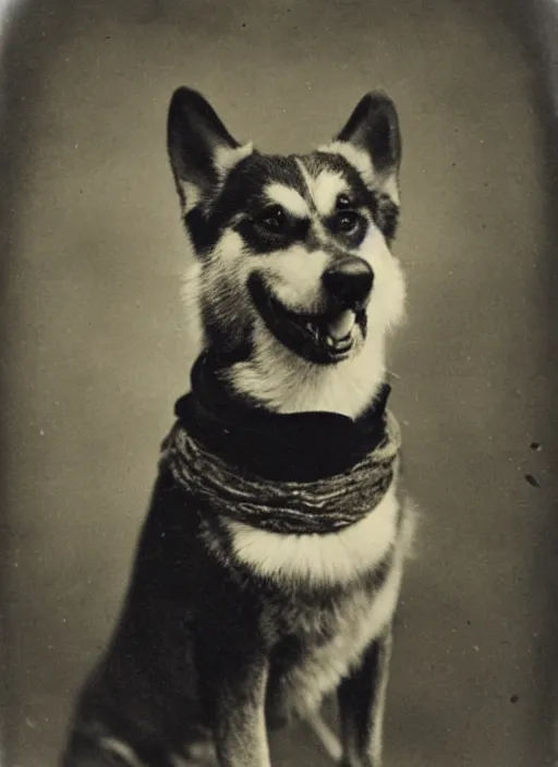 Image similar to late 1 8 0 0 s daugerrotype photograph of a happy husky dog wearing a scarf