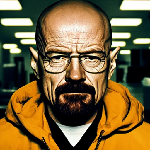 Image similar to walter white staring at camera, creepily, tight shot