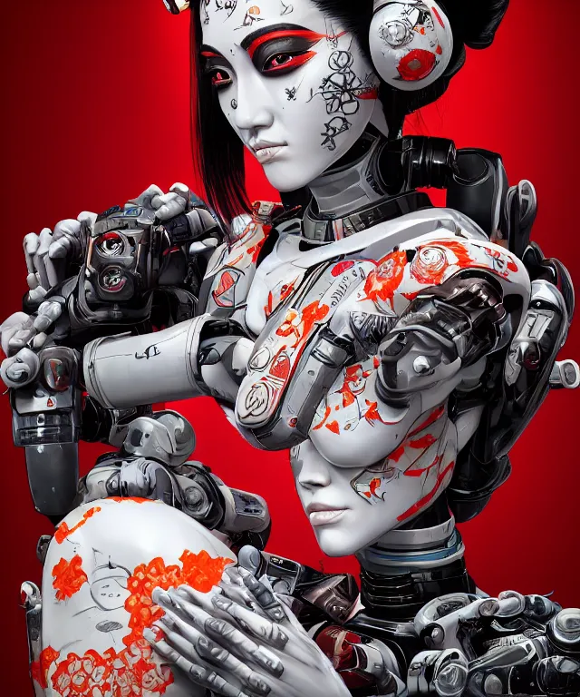 Image similar to an epic fantastic realism comic book style portrait painting of a japanese robotic geisha with kanji tattoos and decals, apex legends, octane render, intricate detail, 4 k hd, unreal engine 5