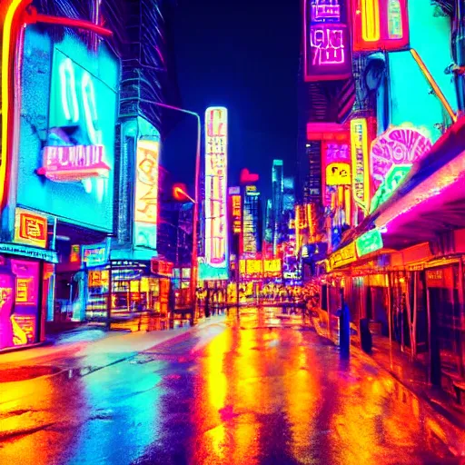 Image similar to cyberpunk city scene at night with colorful neon lit rainy streets and signs with a flamingo, film still