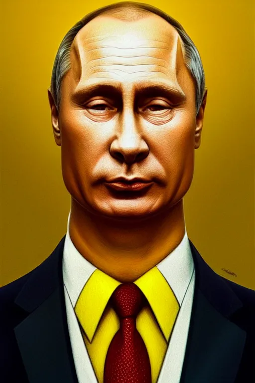 Image similar to vladimir putin as a yellow funny homer simpson, realistic portrait, symmetrical, highly detailed, digital painting, artstation, concept art, smooth, sharp focus, illustration, cinematic lighting, art by artgerm and greg rutkowski and alphonse mucha