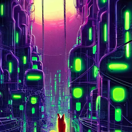 Image similar to cats cyborg inside an scifi tentacles wires futuristic city, beautiful neon cats, cinematic, highly detailed, photorealistic, rich bright colors, trending on artstation, giger, tsutomu nihei, trending on cgsociety, awe inspiring bruce pennington cityscape, digital art painting of 1 9 6 0 s