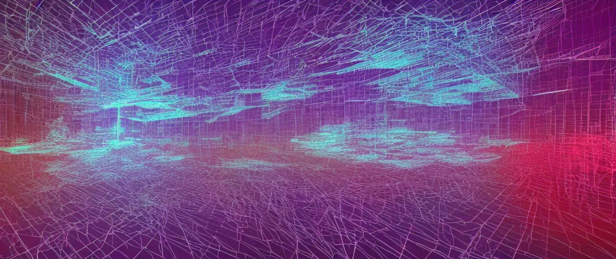 Prompt: dream landscape, simulation, wireframe, glitch art, generative art, volumetric object, physical particles, translucence, cinematic lighting, iridescence, by ash thorpe