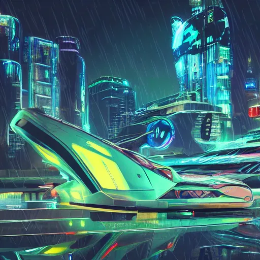 Image similar to Futuristic concept art of a spaceship flying in a cyber punk neon city at night with rain, extremely detailed photo