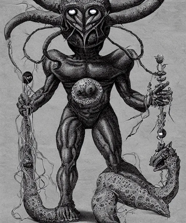 Image similar to hziulquoigmnzhah, the god of cykranosh, ziulquag - manzah has a spheroid body, elongated arms, short legs, and a pendulum - like head dangling underneath. he is the brother of ghisguth, and uncle of tsathoggua, art by keith thompson and christopher lane