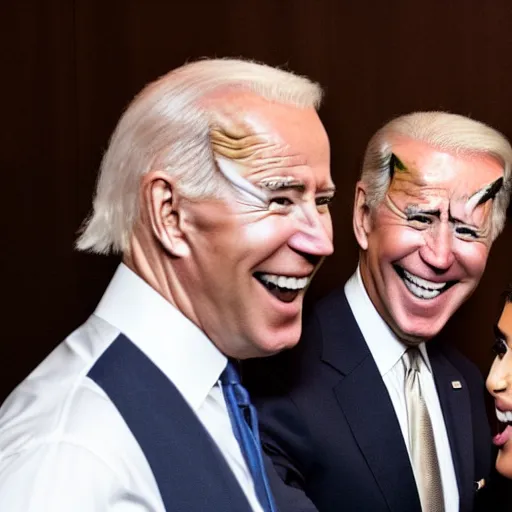 Image similar to stock photo of kim kardashian, and joe biden wearing suits and ties laughing in an office building, 8k resolution, full HD, cinematic lighting, award winning, anatomically correct