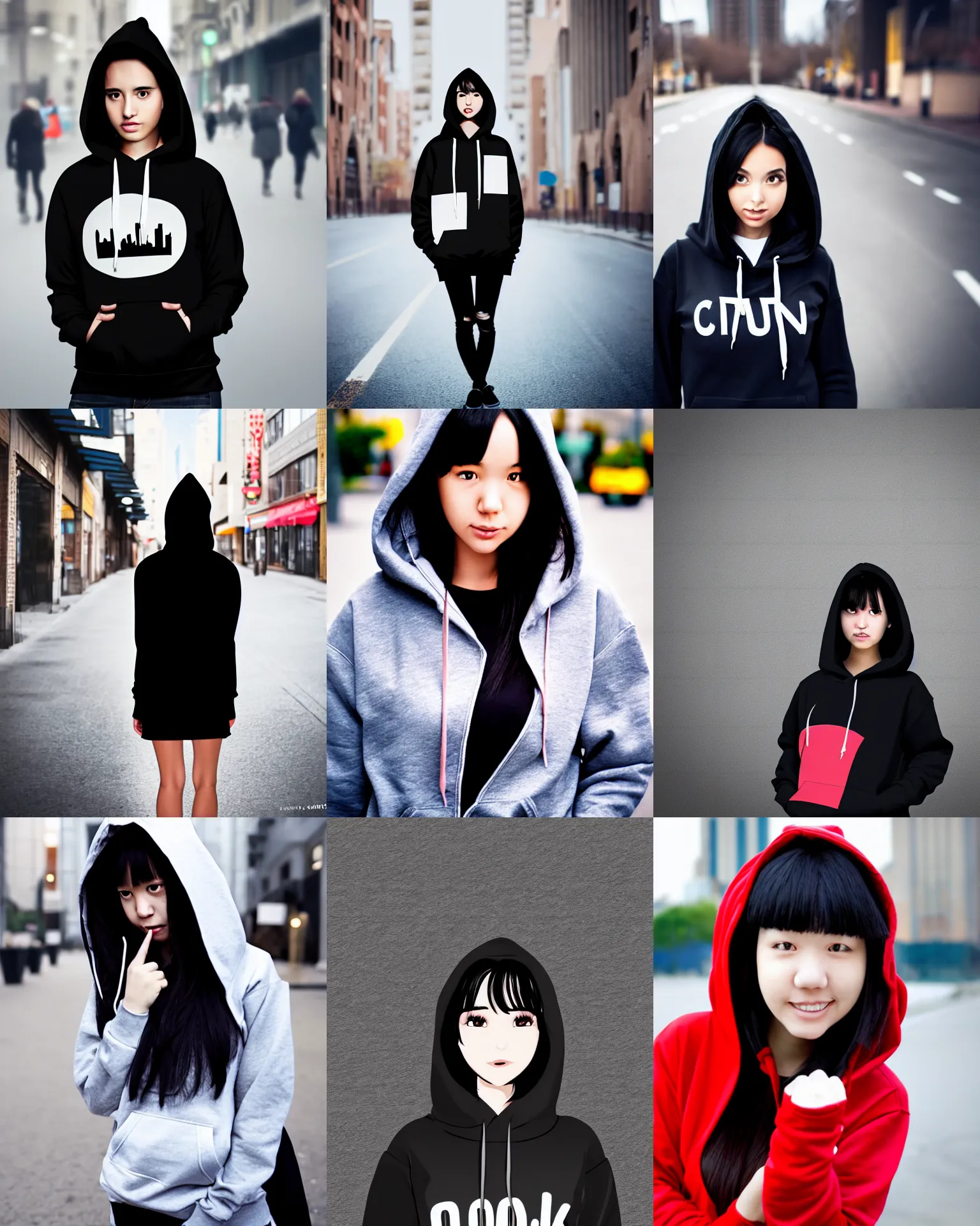 Prompt: black haired girl wearing hoodie, city, gelbooru