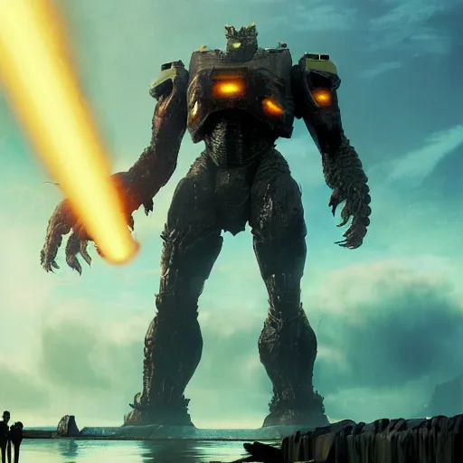 Image similar to pacific rim, godzilla ( 2 0 1 4 ), flares, halo, by simon stalenhag