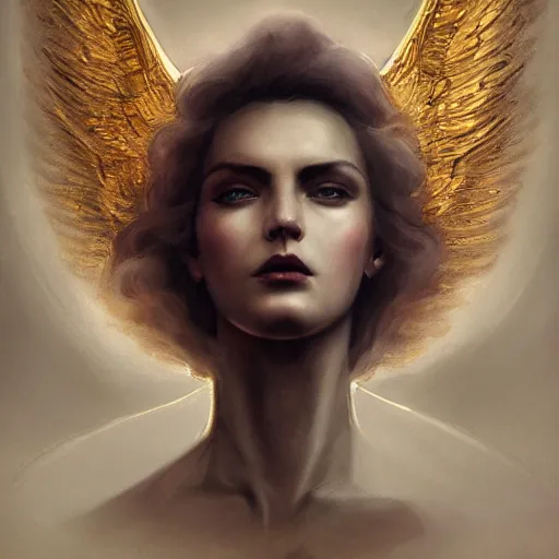 Prompt: angel of glory, sharp face, cinematic lighting, glowing golden eyes, hyper-detailed, cgsociety, 8k, high resolution, in the style of Charlie Bowater, Tom Bagshaw, single face, symmetrical, headshot photograph, insanely detailed and intricate, beautiful, elegant, watercolor, cinematic, portrait, Raphaelite, headroom, artstation