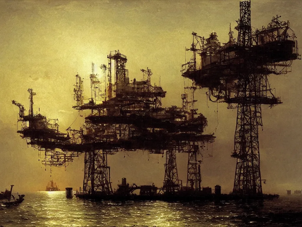 Image similar to an oil platform, by carl spitzweg