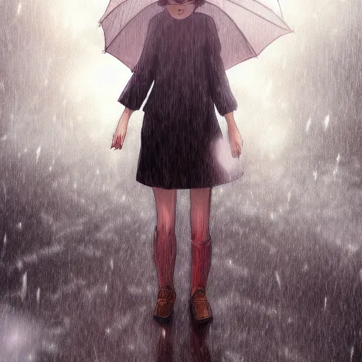 Prompt: portrait of lone girl standing in the melancholic rain, anime fantasy illustration by tomoyuki yamasaki, kyoto studio, madhouse, ufotable, trending on artstation