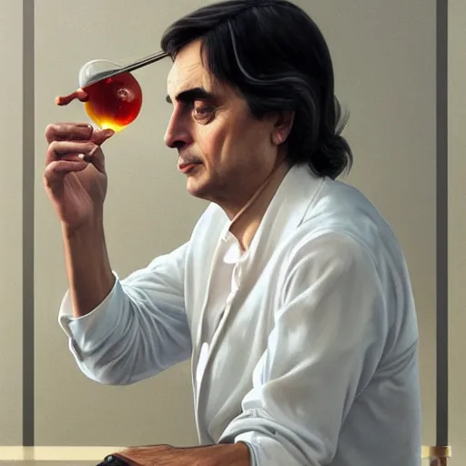 Prompt: portrait painting of carl sagan drinking a martini, ultra realistic, concept art, intricate details, serious, highly detailed, photorealistic, octane render, 8 k, unreal engine. art by artgerm and greg rutkowski and alphonse mucha