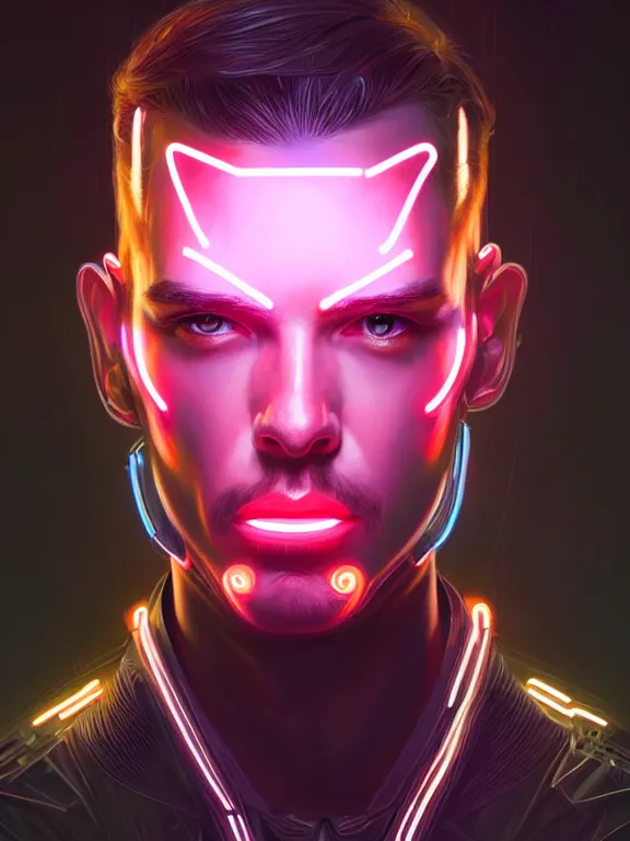 Image similar to portrait of male humanoid, intricate, masculine, cyber neon lights, highly detailed, digital photography, artstation, stylish pose, concept art, smooth, sharp focus, illustration, art by artgerm and greg rutkowski