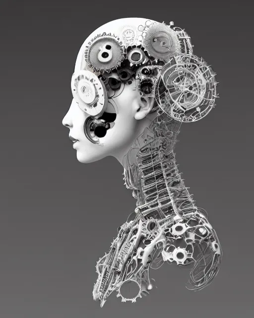 Image similar to black and white dreamy foggy profile face portrait, one steampunk eye biomechanical beautiful young female cyclope - cyborg - robot bust, body ribs meshes,, volumetric light, hibiscus flowers, by hg giger, rim light, by dora maar and cecile beaton, big gothic fashion pearl embroidered collar, 8 k