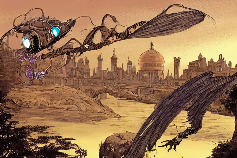 Image similar to a wizard flying on a steampunk hover bike over a river with Cairo in the background, in the style of moebius