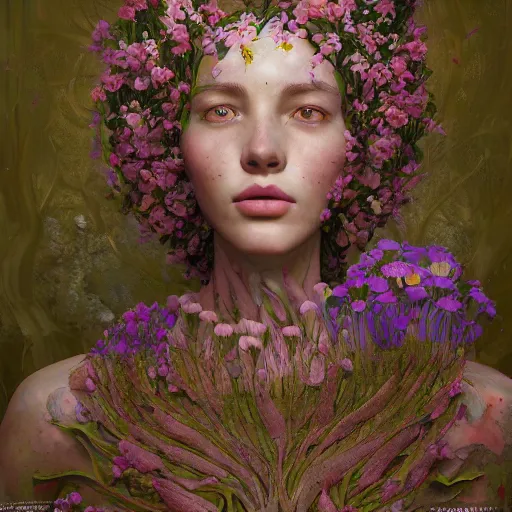 Image similar to biomorphic painting of a female with flowers, au naturel, hyper detailed, digital art, trending in artstation, cinematic lighting, studio quality, smooth render, unreal engine 5 rendered, octane rendered, art style by klimt and nixeu and ian sprigger and wlop and krenz cushart