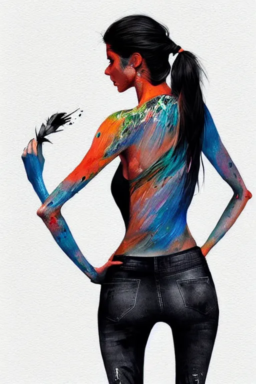 Prompt: a ultradetailed beautiful full body painting of a stylish woman in with a ponytail, she is wearing a black tank top and jeans, by conrad roset, greg rutkowski and makoto shinkai trending on artstation