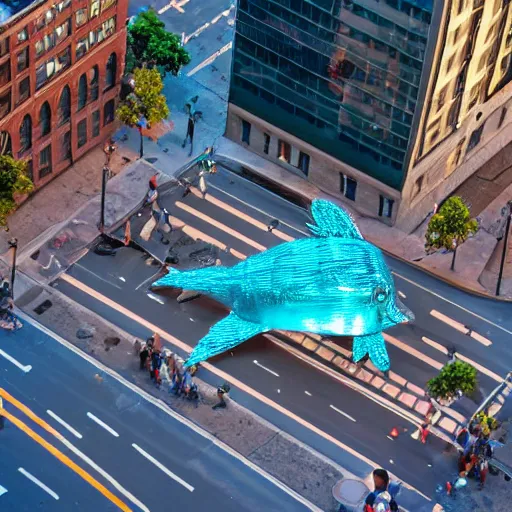 Prompt: an aerial photograph of a giant metallic fish sculpture in the center of a new york street, a large crowd have gathered, by Claes Oldenburg and jeff koons, pop art, 3D render, Volumetric dynamic lighting, Highly Detailed, Cinematic Lighting, Unreal Engine, 8k, HD