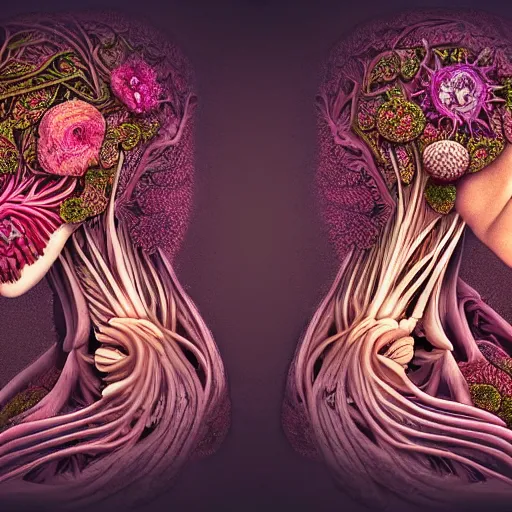 Image similar to a beautiful detailed photo of a two sides rotten woman corpse morphing into fractal plants and fractal flowers and mushrooms, muscles, veins, anatomical, intricate, ornate, volumetric light, beautiful lit, romero ressendi