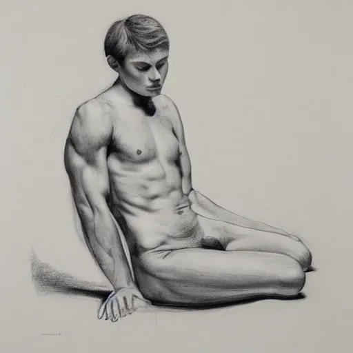 Prompt: an artistic pencil study of a young male body, full body, curled up pose, berne hogarth, david hockney