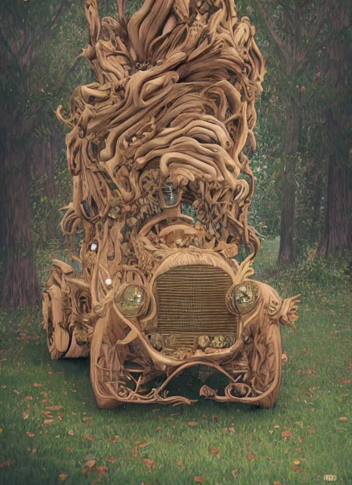 Image similar to a fancy car made out of carved woods on a forest, art style by klimt and nixeu and ian sprigger and wlop and krenz cushart, au naturel, hyper detailed, digital art, trending in artstation, cinematic lighting, studio quality, smooth render, unreal engine 5 rendered, octane rendered