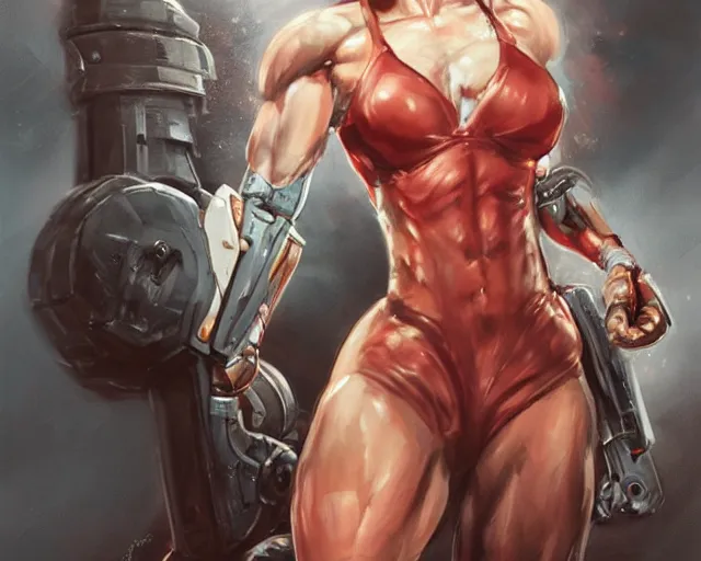 Image similar to portrait of samus aran as a very attractive happy female bodybuilder cyborg, elegant, fantasy, hd shot, digital portrait, beautiful, artstation, comic style, by artgerm, guy denning, jakub rozalski, magali villeneuve and charlie bowater