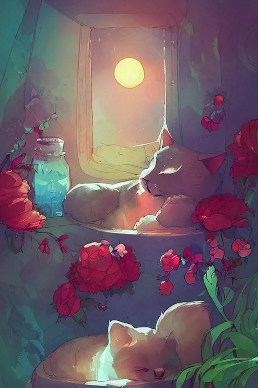 Image similar to a digital art of a cat sleeping in the room with flowers around in the afternoon, the sun shines in, storybook art, watercolor, detailed, cute, by anton fadeev, featured on artstation