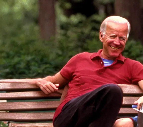 Prompt: color film still of joe biden sitting on a bench in the film forrest gump 1 9 9 4, grinning, close up, detailed