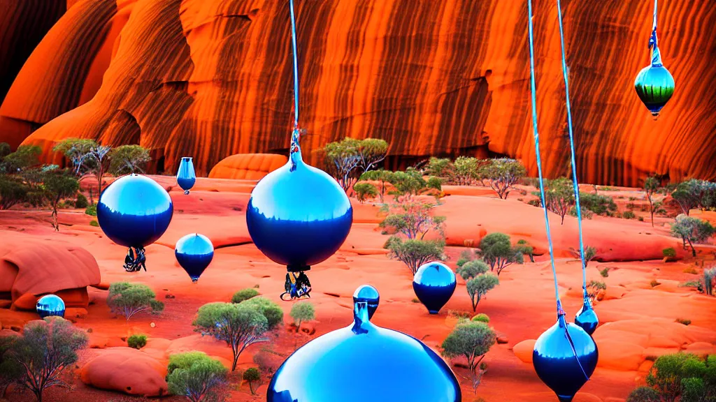 Image similar to large colorful futuristic space age metallic steampunk balloons with pipework and electrical wiring around the outside, and people on rope swings underneath, flying high over the beautiful uluru in central australia city landscape, professional photography, 8 0 mm telephoto lens, realistic, detailed, photorealistic, photojournalism