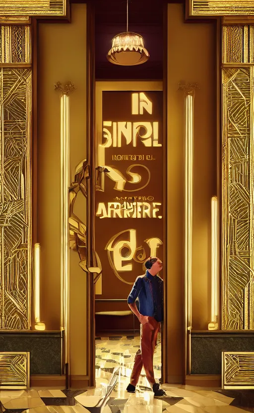 Prompt: a young man explores the halls and foyer of a grand old art deco hotel, meeting its eclectic guests. film poster. wes anderson. golden light. collage. photorealistic. octane render. cinematic. trending on artstation. textless.