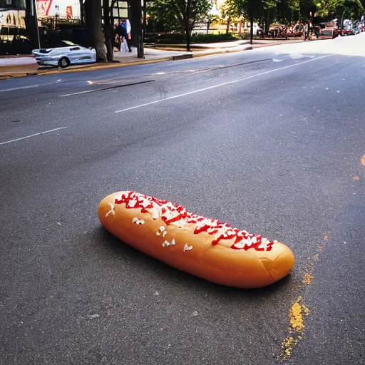 Prompt: giant hotdog laying in the street